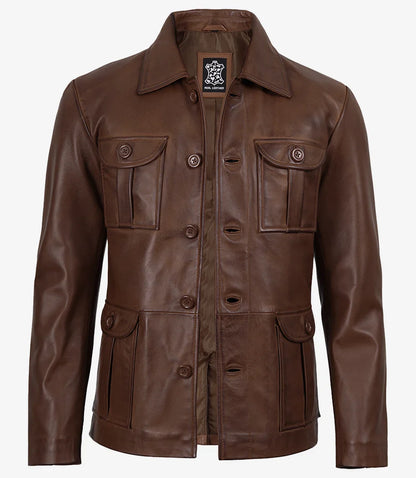 Men's Brown Cognac Wax Utility Leather Field Jacket