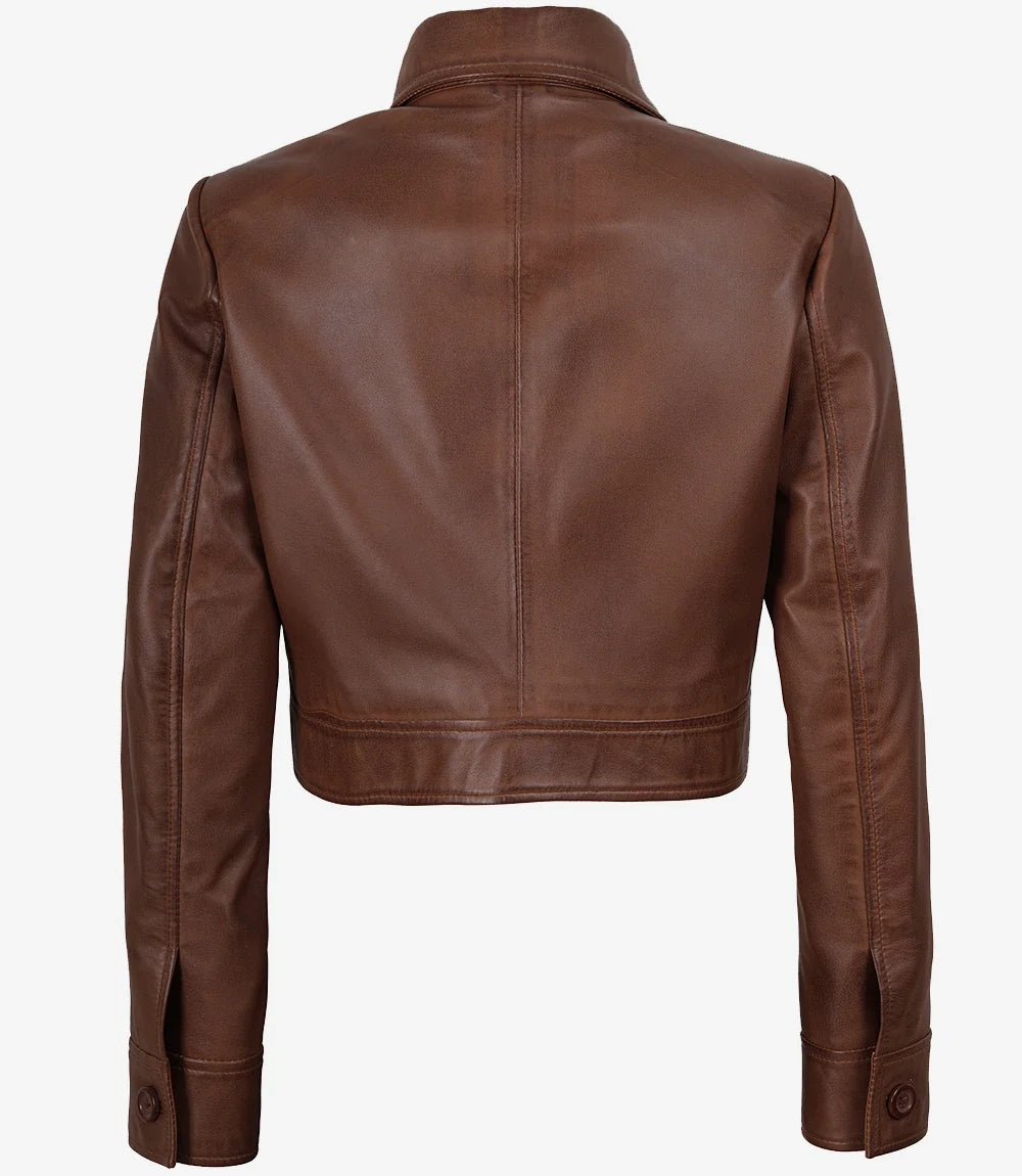 Freddie Women’s Cognac Brown Cropped Shirt Collar Leather Jacket