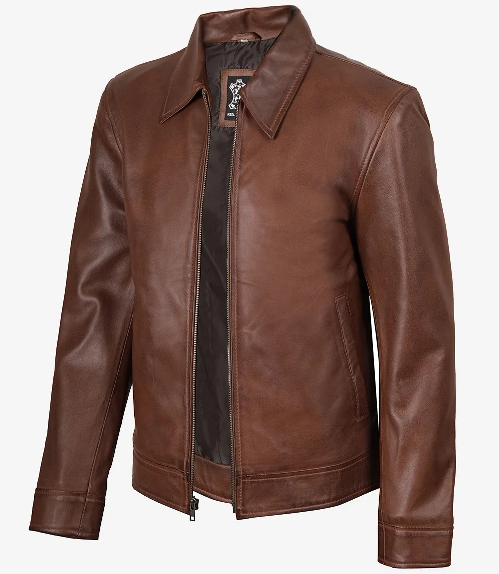 Men's Cognac Brown Harrington Leather Jacket | Shirt Collar