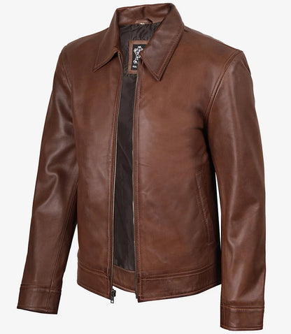 Men's Cognac Brown Harrington Leather Jacket | Shirt Collar
