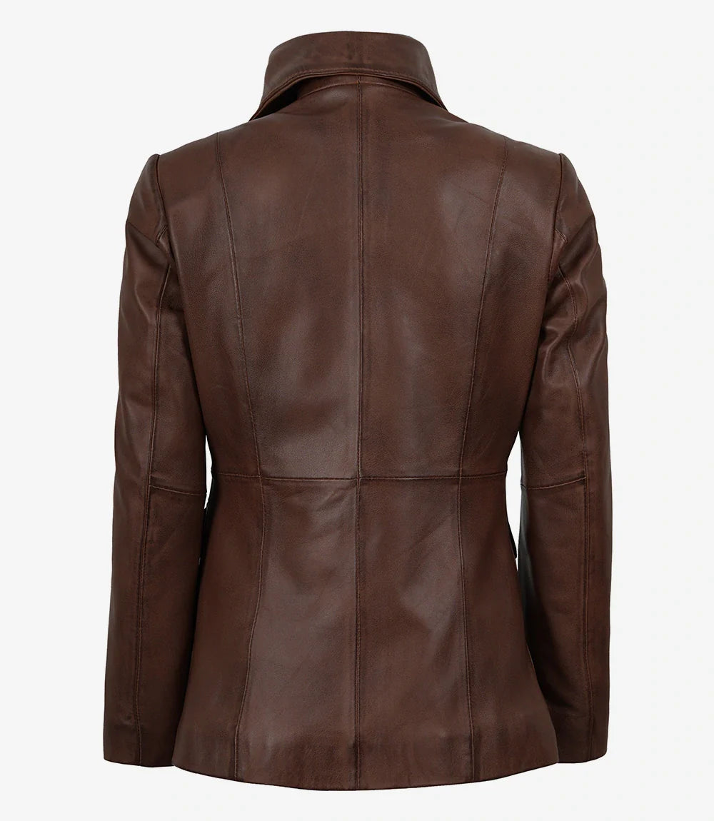 Women’s Brown Cognac Waxed Lambskin Leather Blazer – Single Button