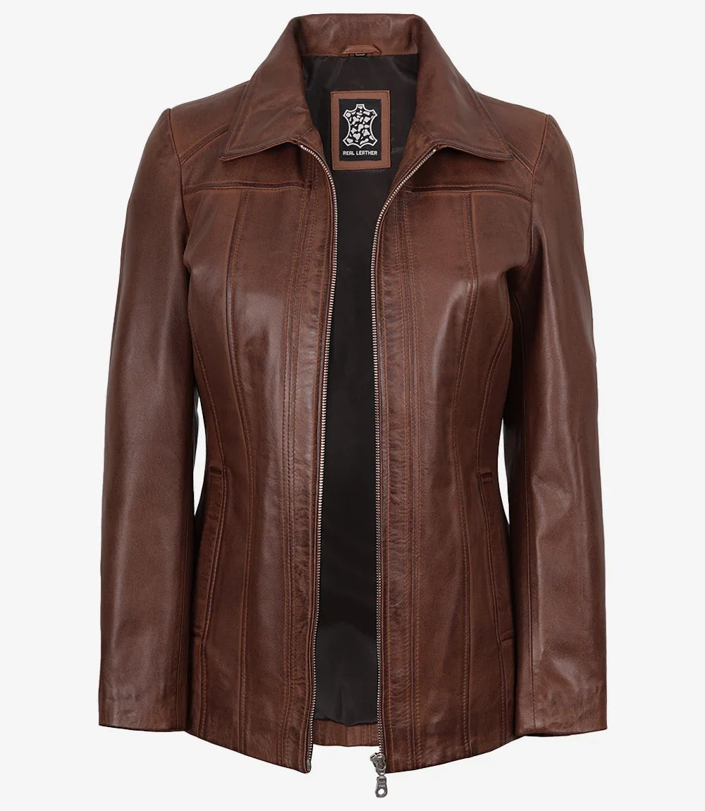 Marsha Women's Real Leather Cognac Brown Car Coat