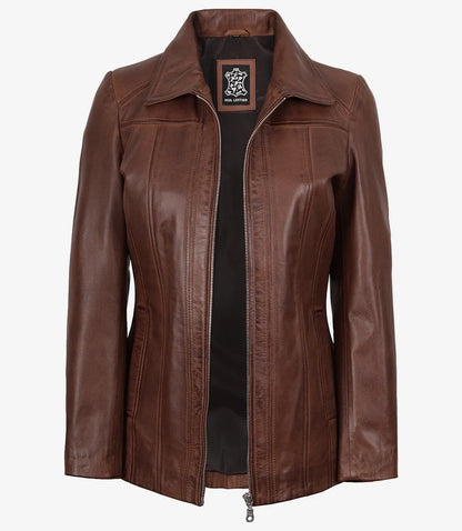 Marsha Women's Real Leather Cognac Brown Car Coat