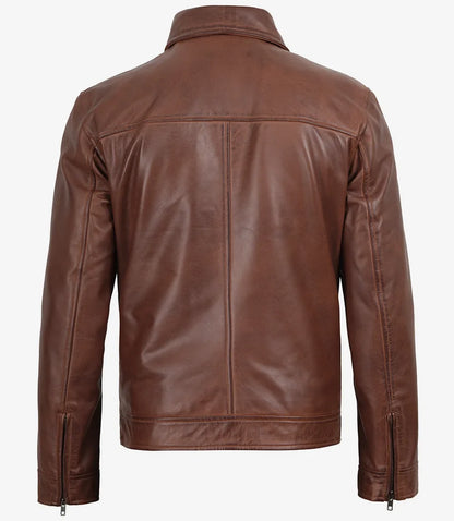 Men's Cognac Brown Harrington Leather Jacket | Shirt Collar