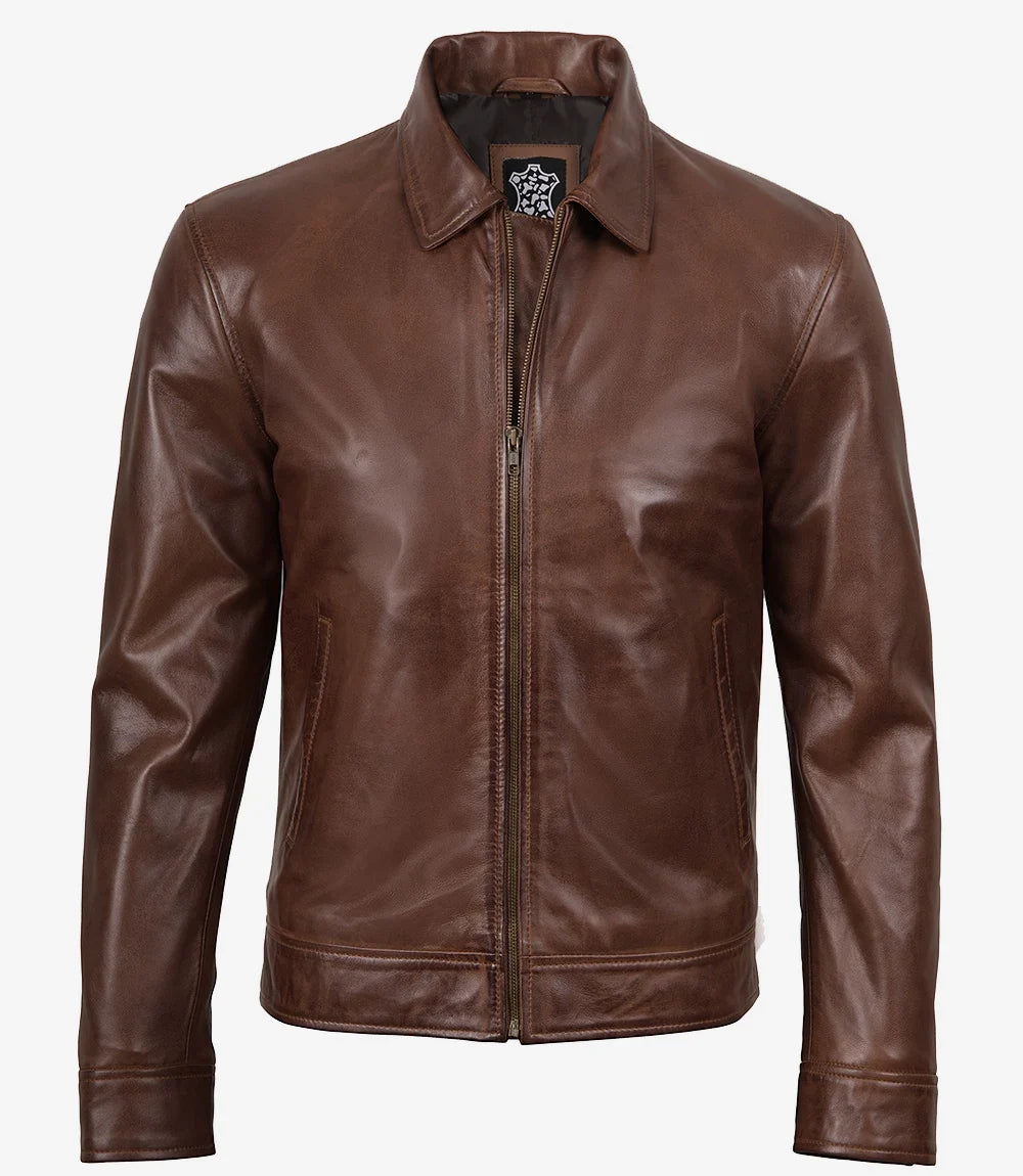Men's Cognac Brown Harrington Leather Jacket | Buttoned-Cuff