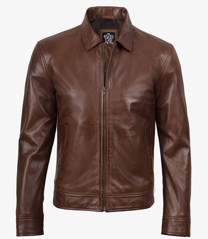 Men's Cognac Brown Harrington Leather Jacket | Buttoned-Cuff