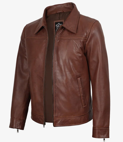 Mark Men's Cognac Brown Harrington Leather Jacket