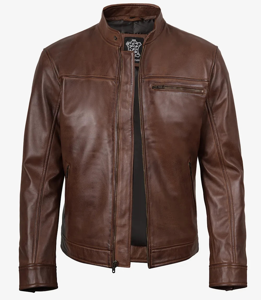 Bickford Men's Cognac Brown Real Leather Biker Jacket
