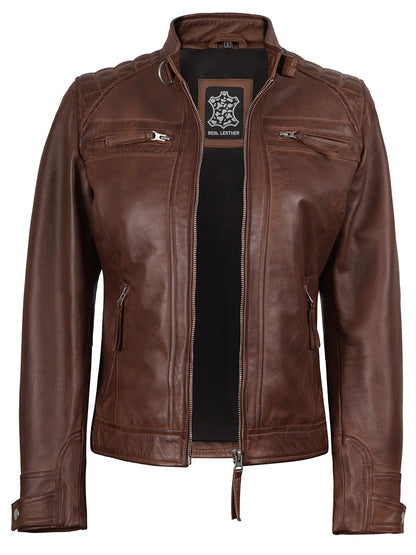 Women's Cognac Brown Leather Cafe Racer Jacket