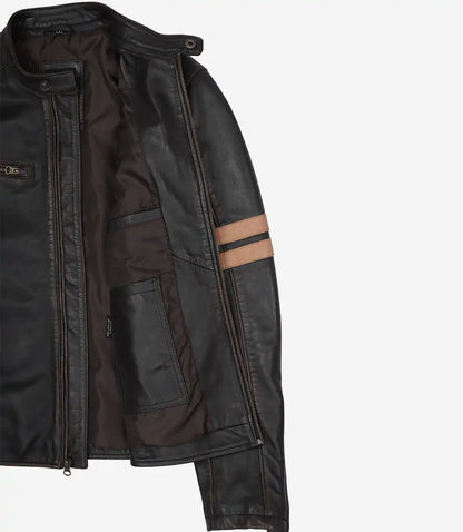 Men’s Vintage Brown Leather Biker Jacket with Dual Racing Stripes