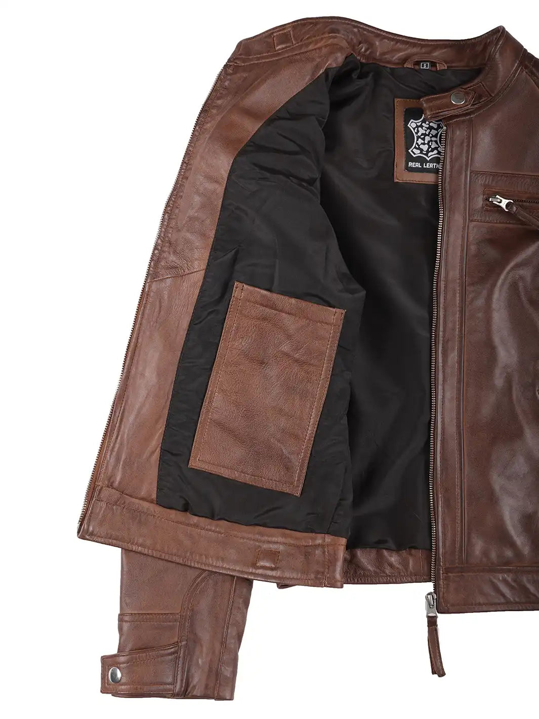 Women's Cognac Brown Leather Cafe Racer Jacket