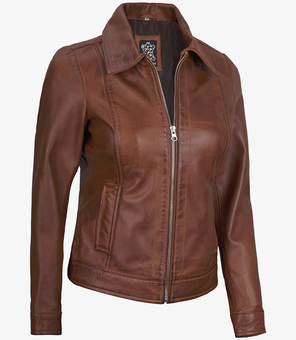 Women's Cognac Brown Leather Harrington Jacket