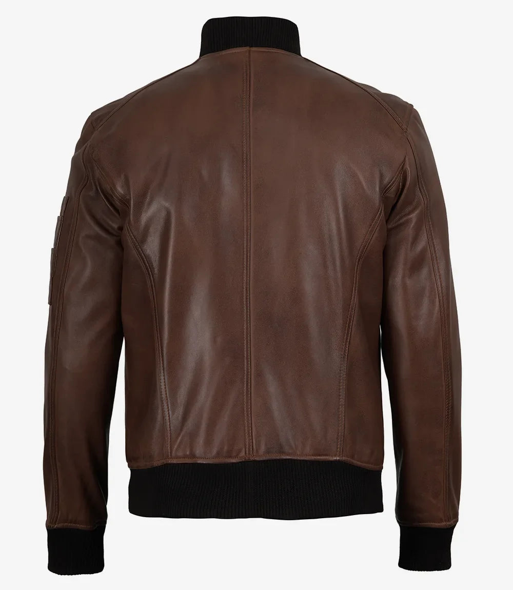 Men's Cognac Brown Lambskin Leather Bomber Jacket with Wax Finish