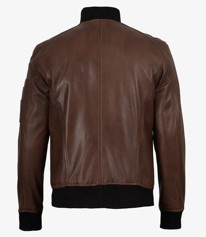 Men's Cognac Brown Lambskin Leather Bomber Jacket with Wax Finish