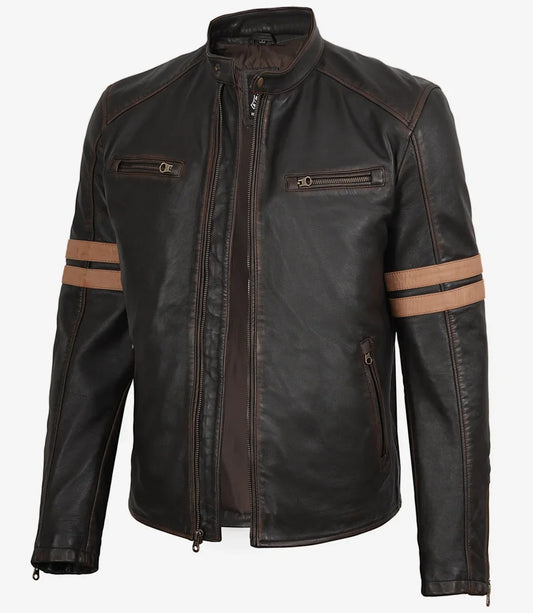 Men's Dark Brown Rub-Off Lambskin Cafe Racer Jacket with Tan Stripes