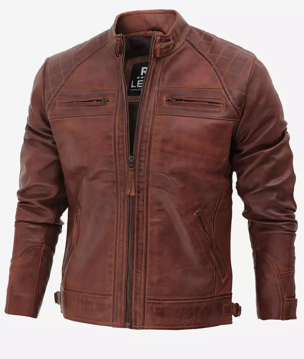 Men's Cafe Racer Cognac Leather Jacket - Quilted Shoulder Max Jackets