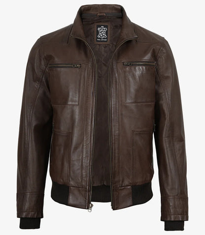 Men's Dark Brown Bomber Leather Jacket With Removable Hood