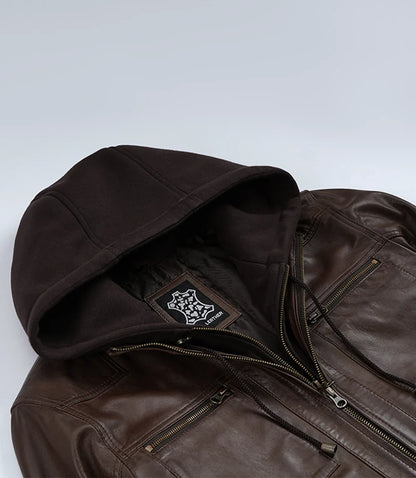 Men's Dark Brown Bomber Leather Jacket With Removable Hood
