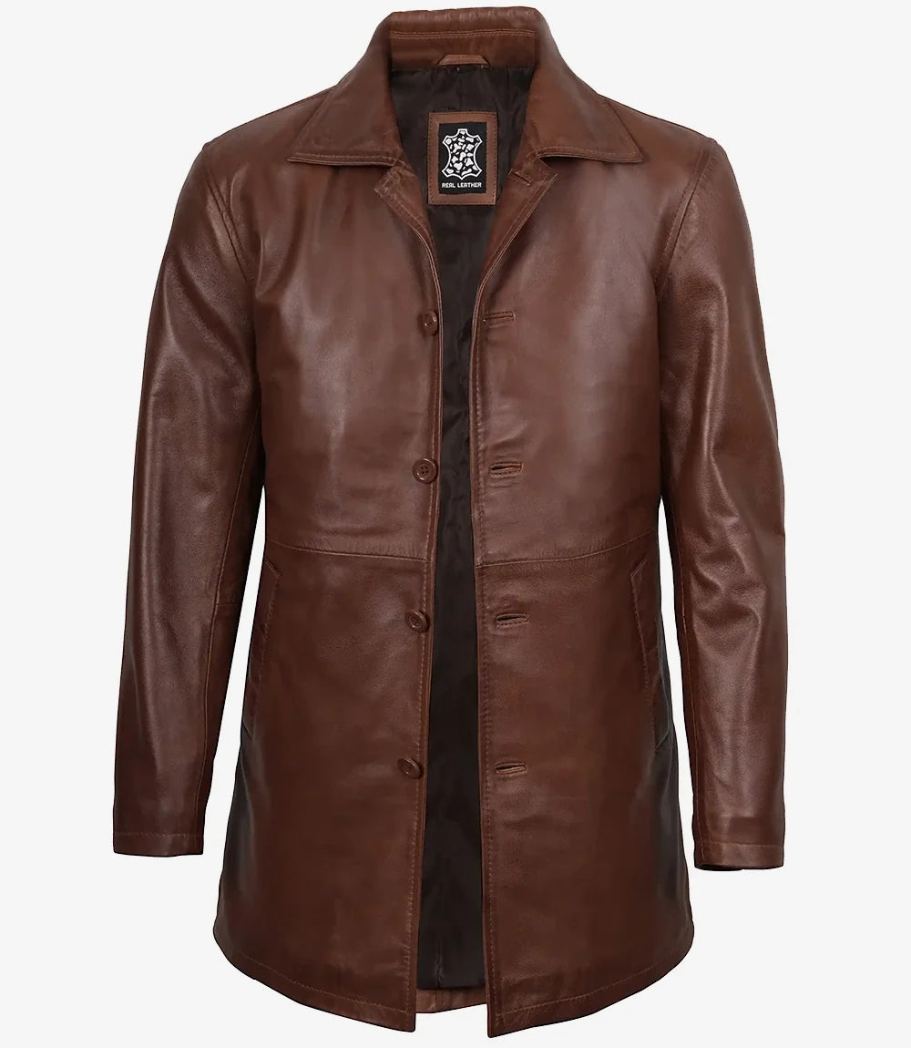 Men's Cognac Brown Leather Car Coat – 3/4 Length
