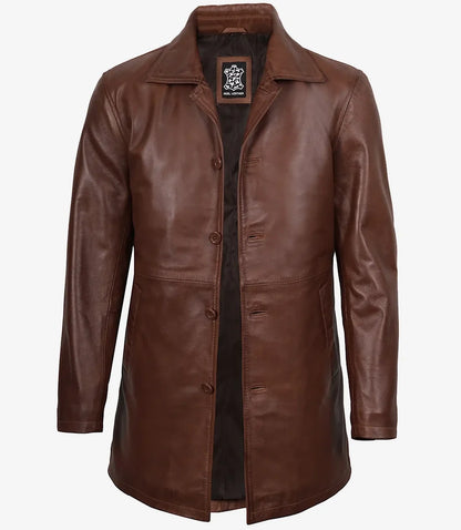 Men's Cognac Brown Leather Car Coat – 3/4 Length