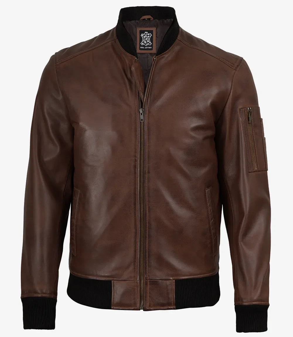 Men's Cognac Brown Lambskin Leather Bomber Jacket with Wax Finish
