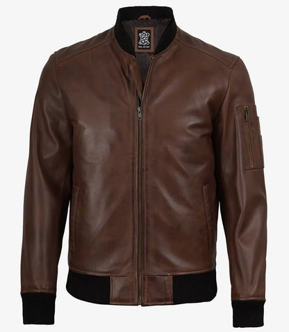Men's Cognac Brown Lambskin Leather Bomber Jacket with Wax Finish
