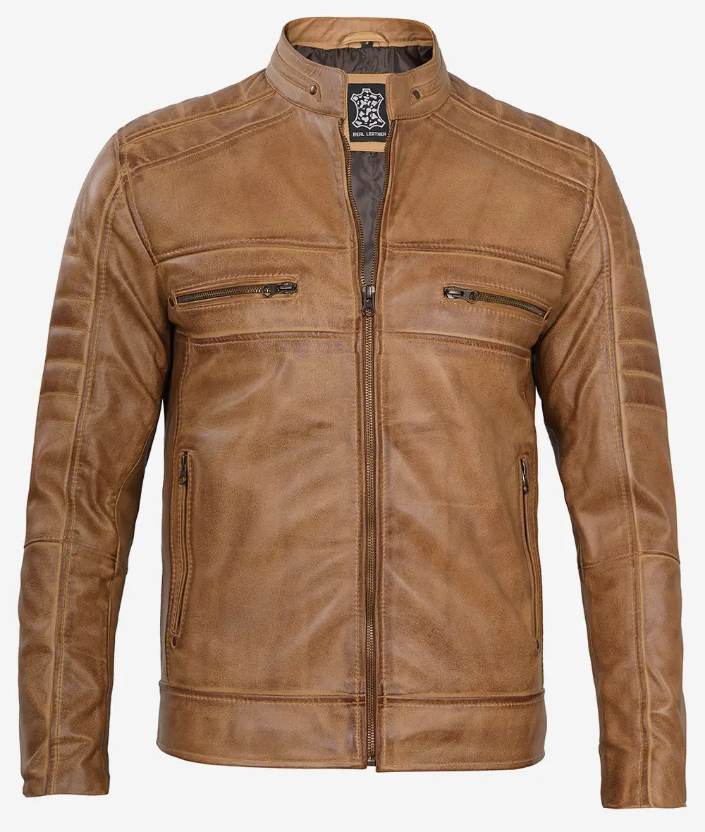 Men's Cafe Racer Camel Brown Leather Jacket Max Jackets