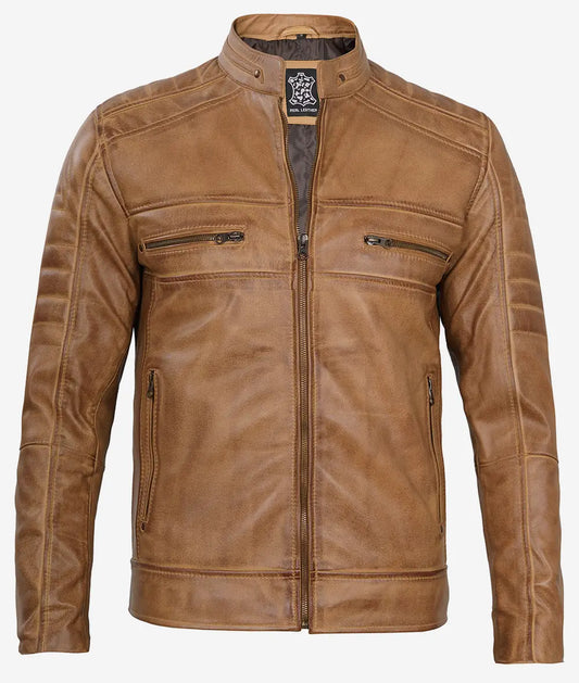 Men's Cafe Racer Camel Brown Leather Jacket Max Jackets