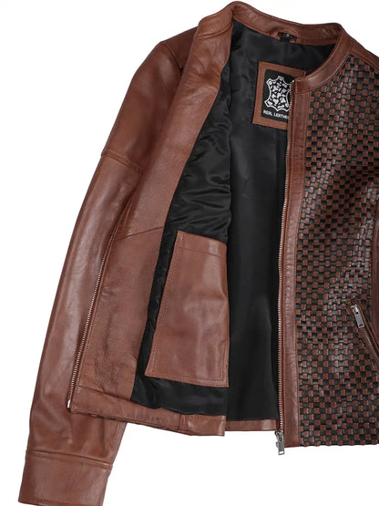 Women Brown Textured Cafe Racer Leather Jacket