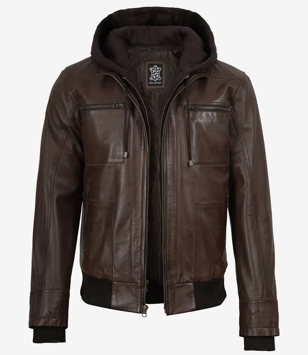 Men's Dark Brown Bomber Leather Jacket With Removable Hood