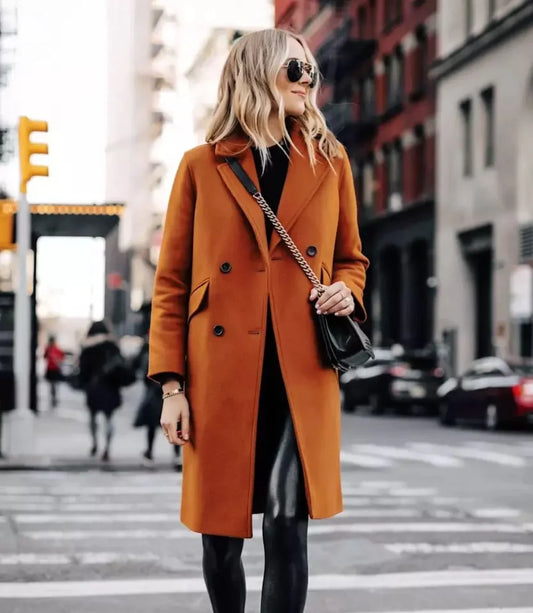 Women's Copper Brown Wool Coat – Double-Breasted Overcoat