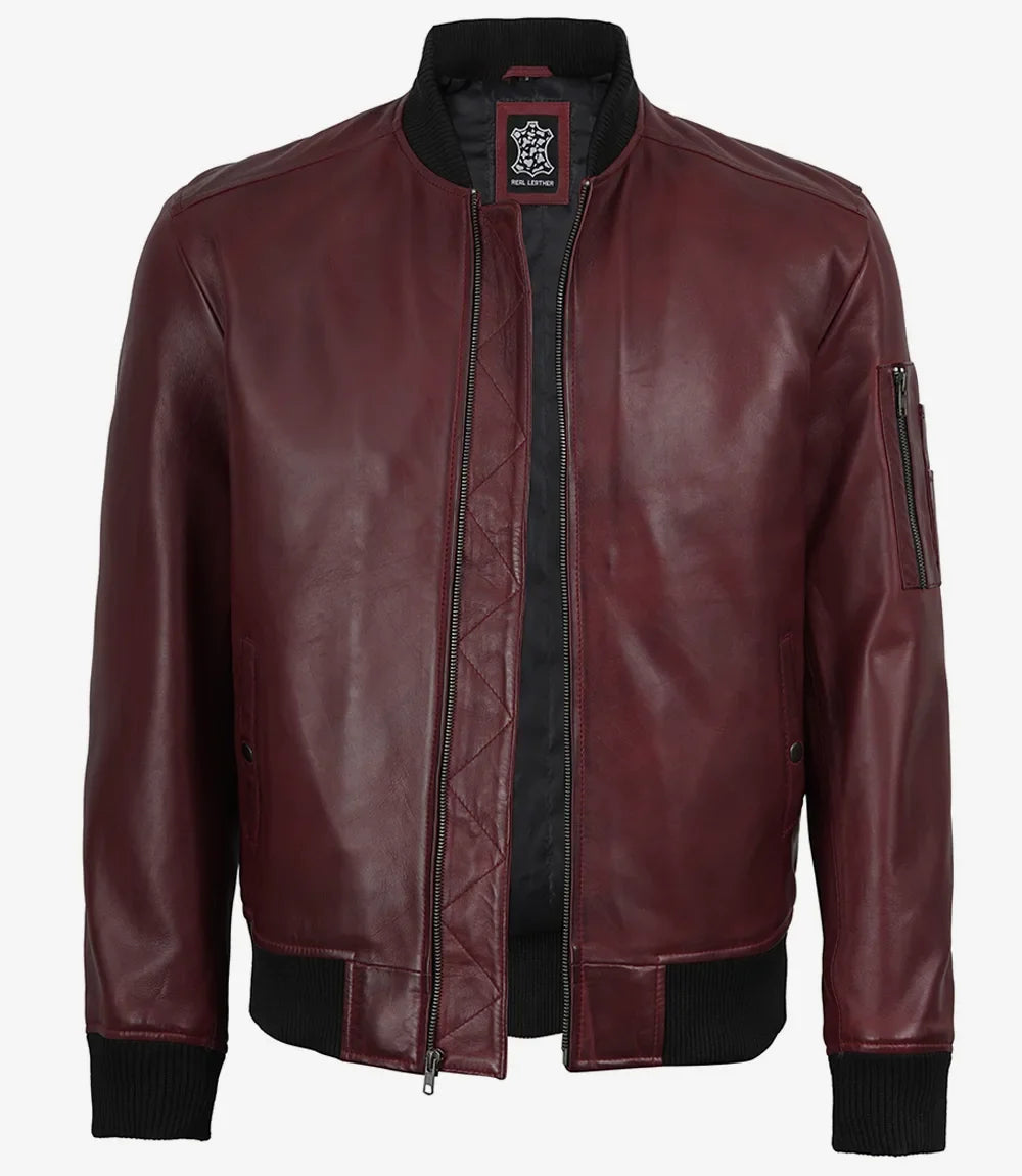 Men's Burgundy Lambskin Leather Bomber Jacket with Wax Finish