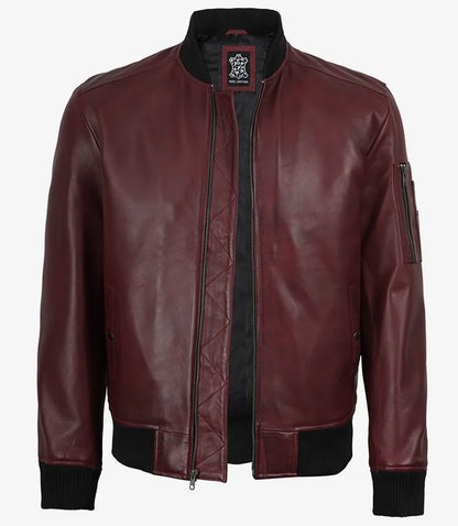 Men's Burgundy Lambskin Leather Bomber Jacket with Wax Finish
