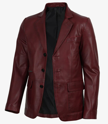 Eliseo Men's Burgundy Lambskin Leather Blazer - Three Button Style