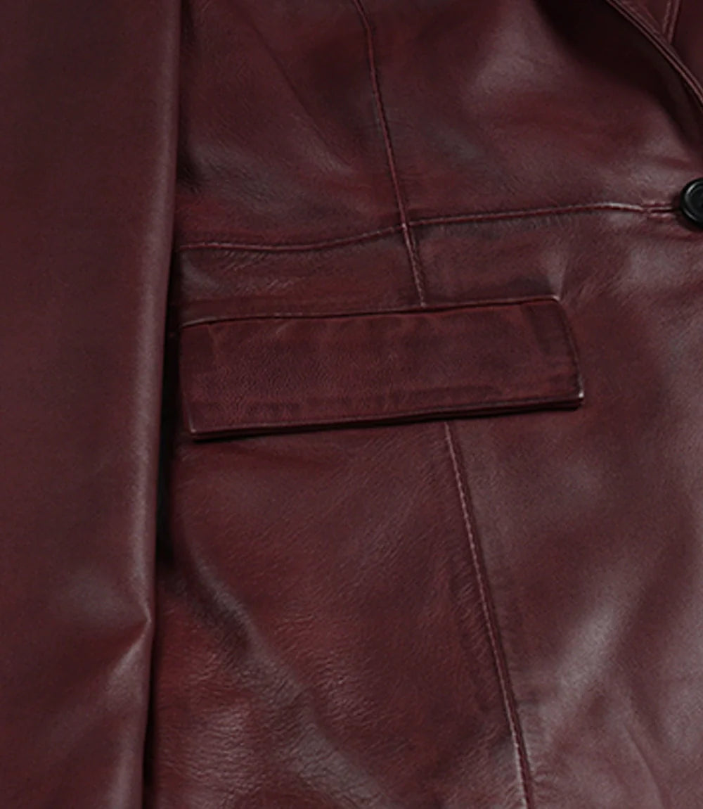 Women’s Single-Button Burgundy Waxed Lambskin Leather Blazer