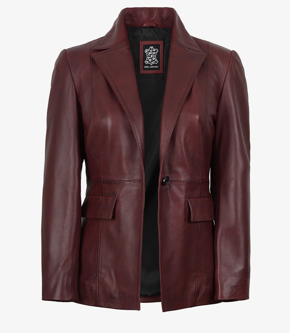 Women’s Single-Button Burgundy Waxed Lambskin Leather Blazer