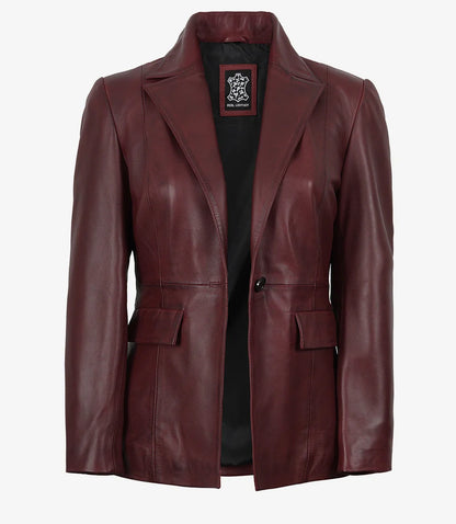 Women’s Single-Button Burgundy Waxed Lambskin Leather Blazer