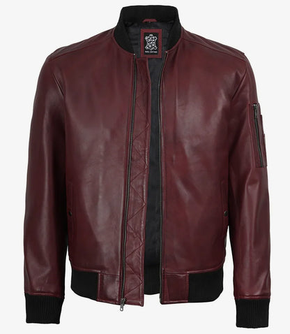 Men’s Burgundy Waxed Leather Flight Bomber Jacket