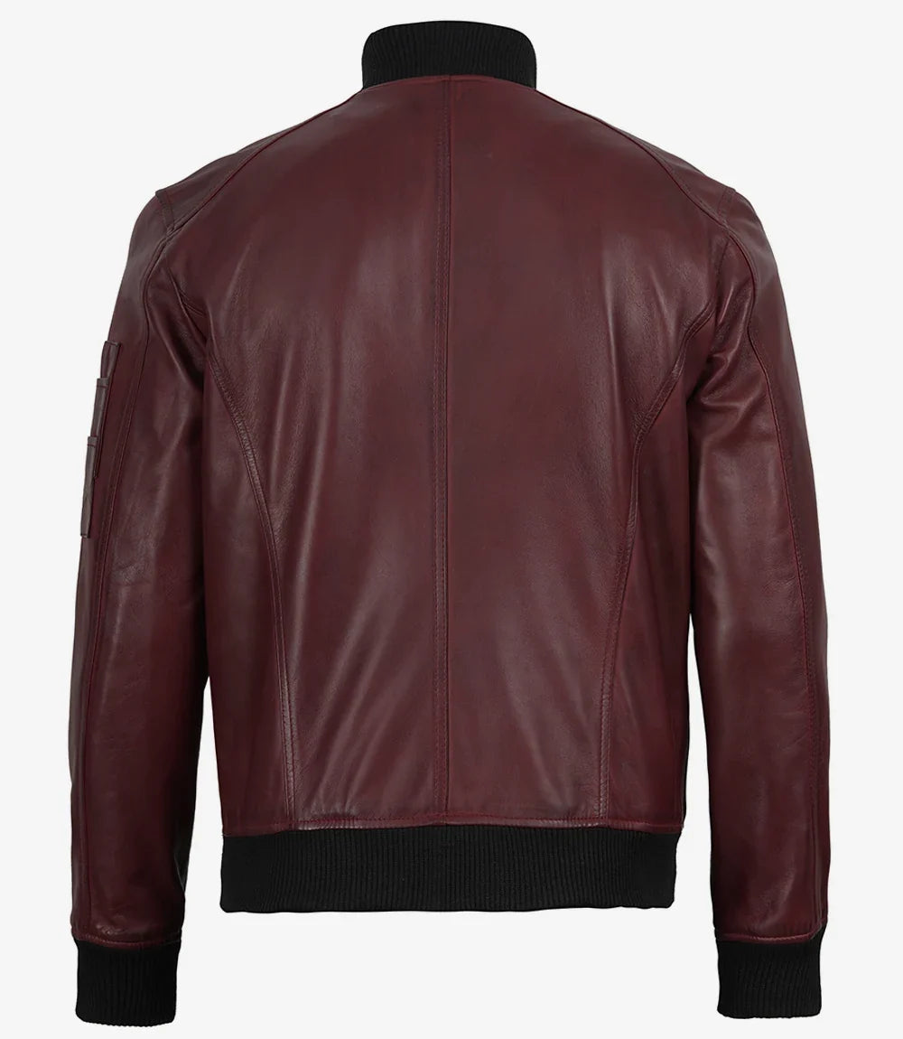 Men's Burgundy Lambskin Leather Bomber Jacket with Wax Finish