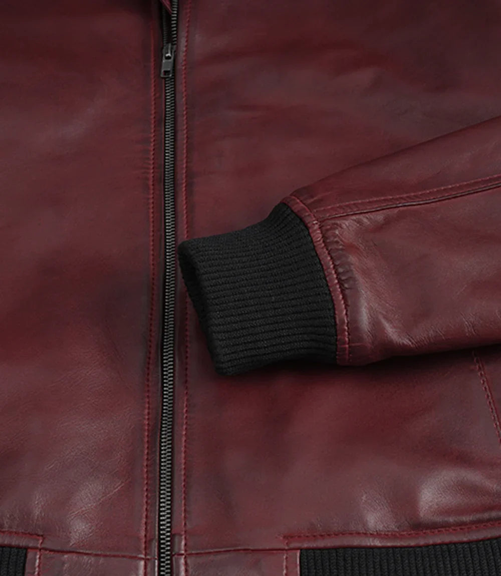 Men's Burgundy Lambskin Leather Bomber Jacket with Wax Finish