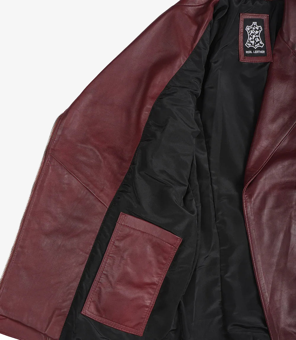 Women's Asymmetrical Maroon Belted Biker Style Leather Jacket