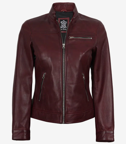 Women's Burgundy Wax Lambskin Cafe Racer Jacket