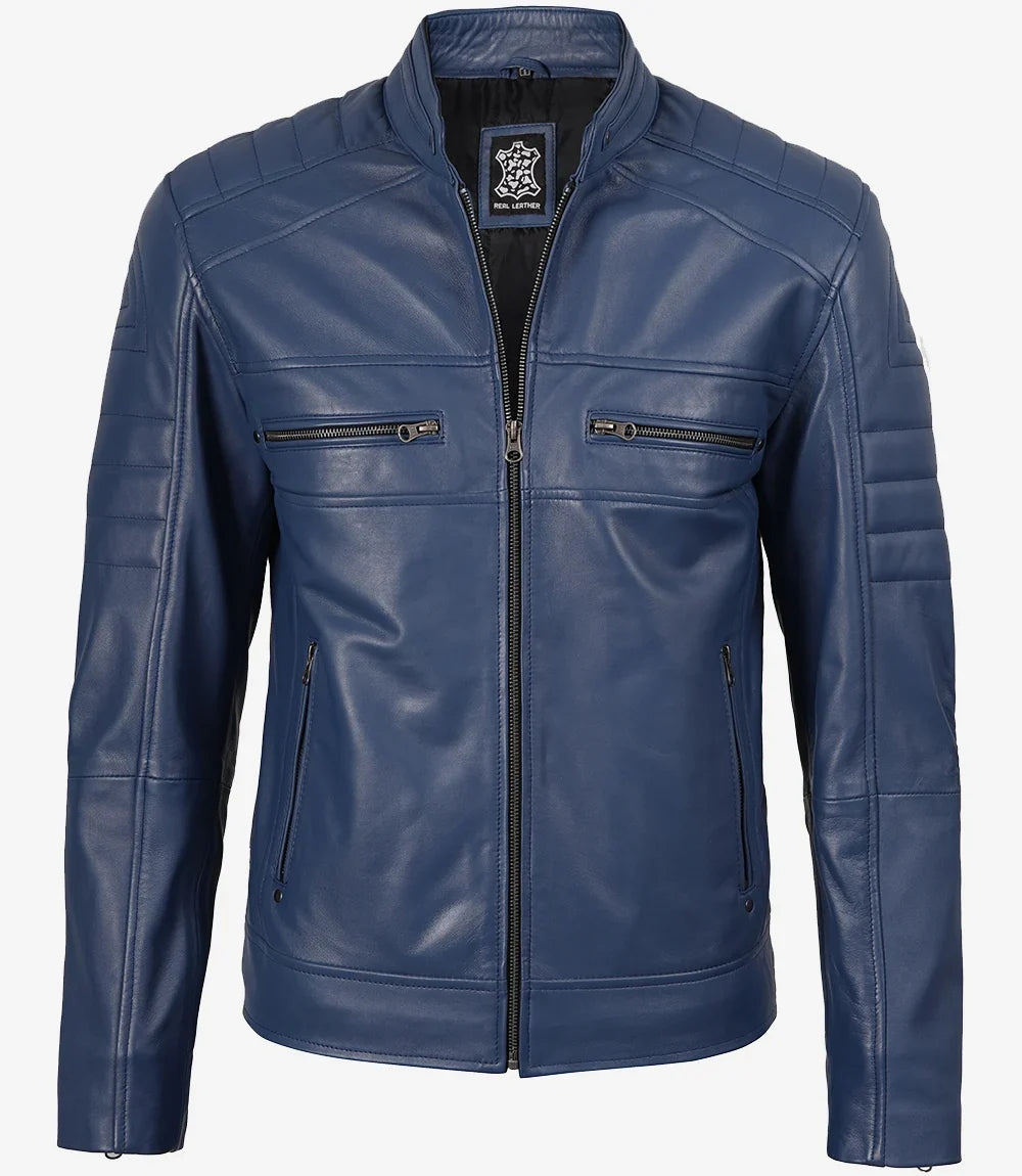 Men Cafe Racer Blue Real Leather Jacket