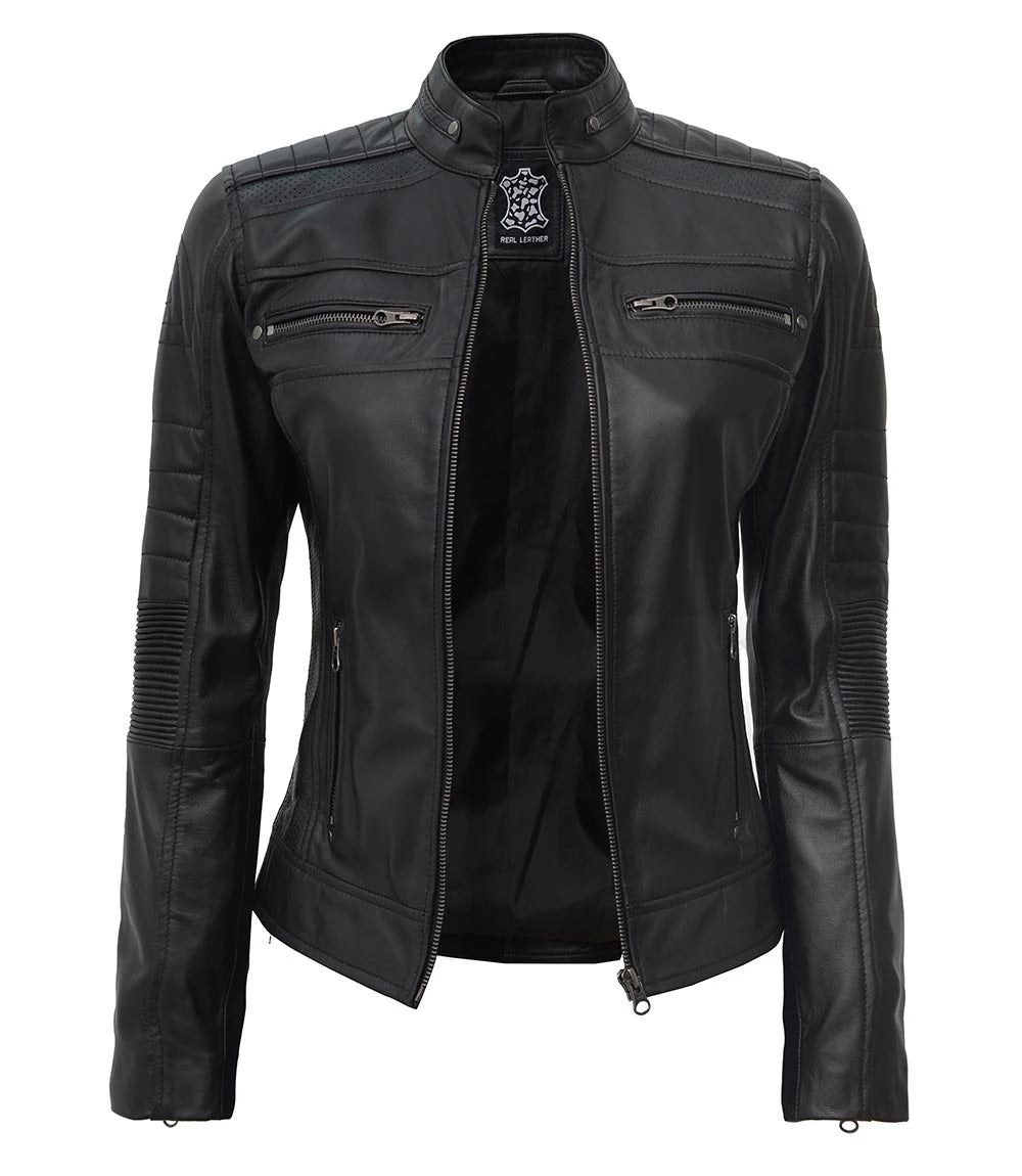 Women's Black Cafe Racer Leather Jacket Max Jackets