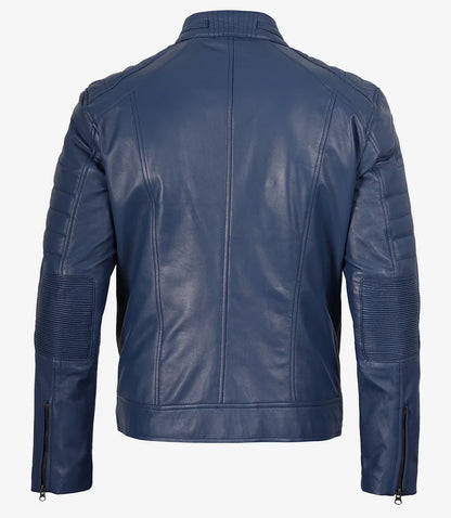 Men Cafe Racer Blue Real Leather Jacket