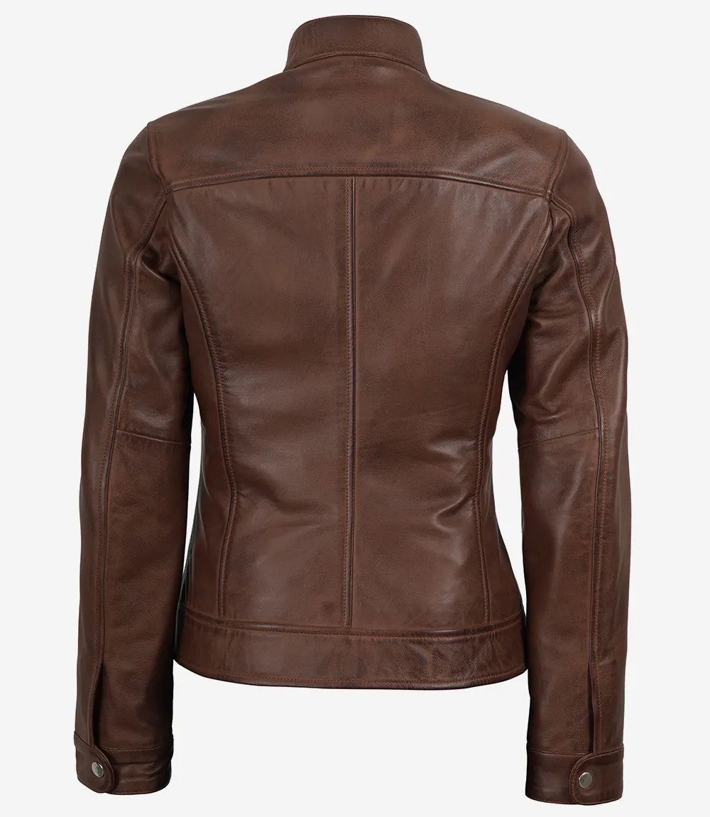 Women's Cognac Wax Cafe Racer Style Leather Jacket