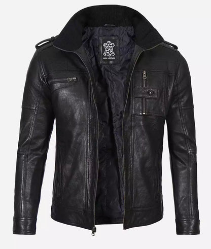 Men's Black Washed Leather Biker Style Jacket