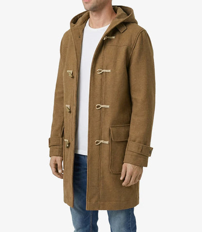 Mens Camel Brown Hooded Duffle Wool Coat
