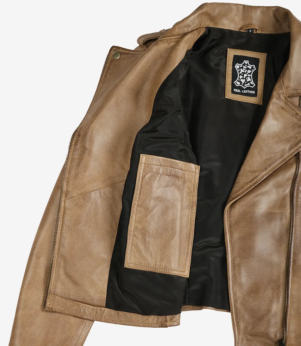 Women's Real Leather Camel Brown Biker Style Jacket