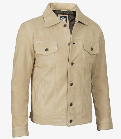 Men's Classic Camel Suede Trucker Style Jacket